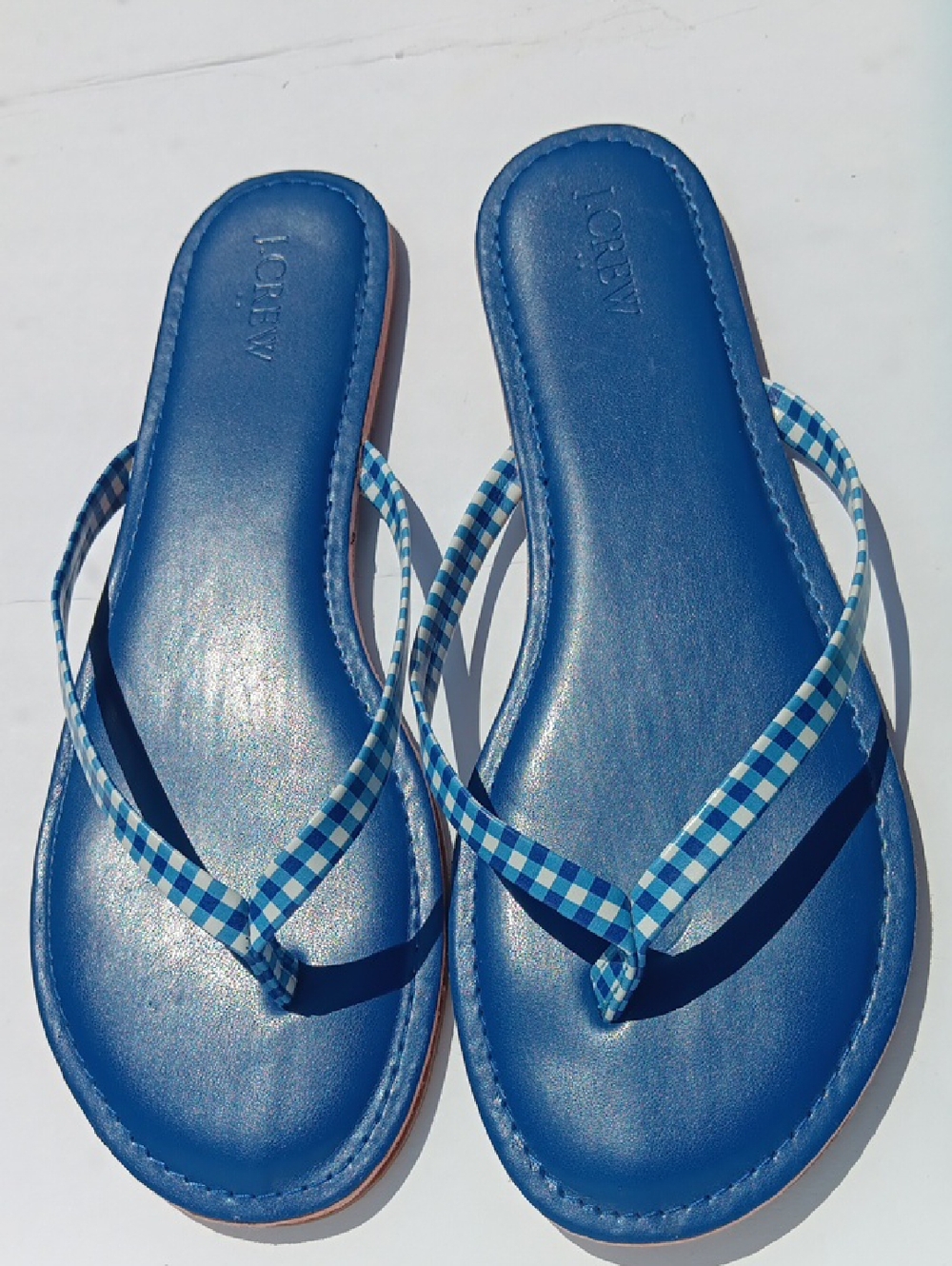 J. Crew Cobalt Blue Leather Flip Flops with Blue Gingham Straps